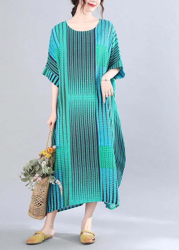 boho dressClassy Green Striped Print Holiday Long Dress Short Sleeve