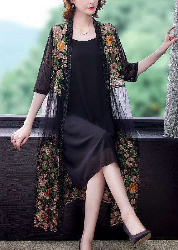 elegant dressStyle Black Embroideried Patchwork False Two Pieces Tulle Cardigans Dresses Summer