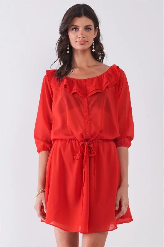 elegant evening dressFlame Red Boat Neck Ruffle Collar Midi Sleeve Self-tie Waist Front Button Down Mini Dress