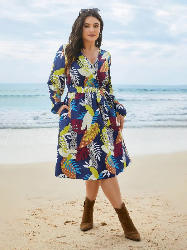 bohemian dressSurplice Neck Tropical Leaf Pockets Midi Dress