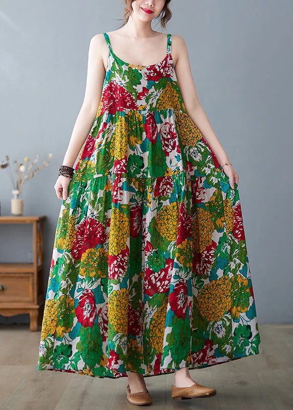 party-ready dressBeautiful Green O-Neck Print Wrinkled Cotton Slip Long Dress Summer