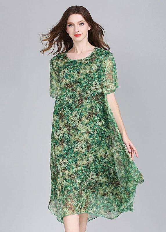 cocktail dressFashion Green O Neck Print Patchwork Chiffon Dress Summer