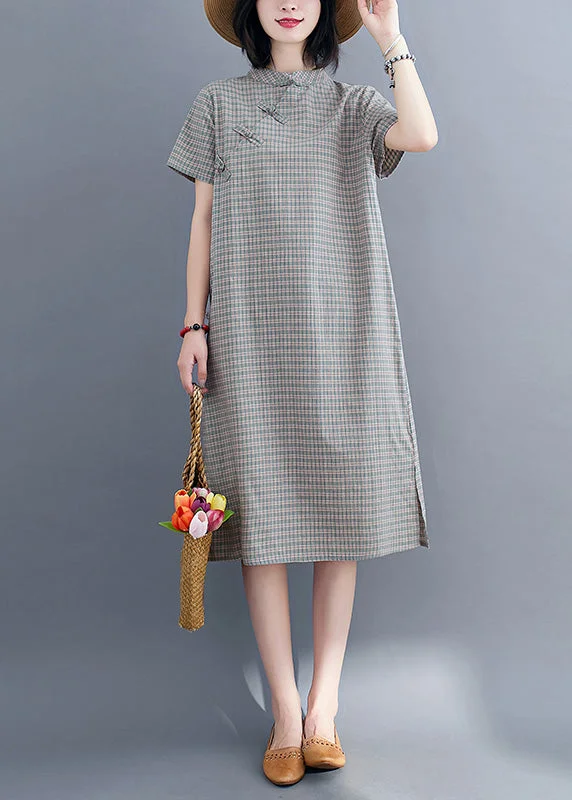 wrap-around dressNatural Green Stand Collar Plaid Button Side Open Vacation Long Dresses Short Sleeve