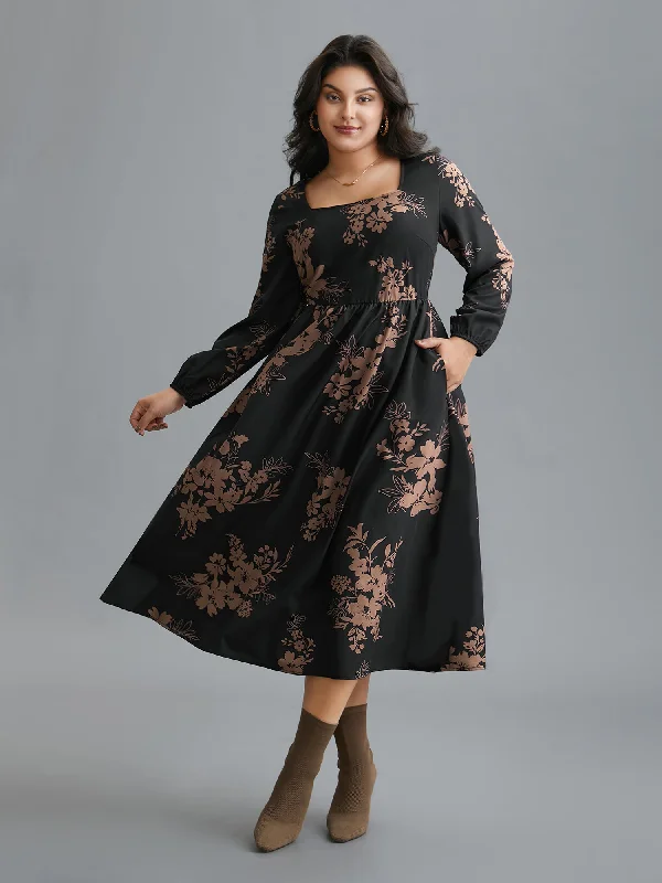 form-fitting dressFloral Square Neck Pocket Midi Dress