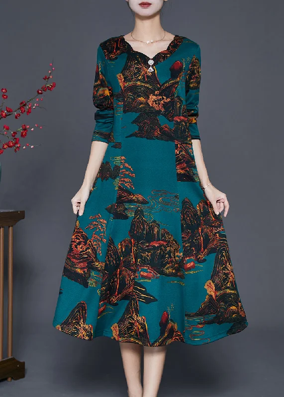 vintage-inspired dressBlackish Green Print Silm Fit Cotton A Line Dresses Fall