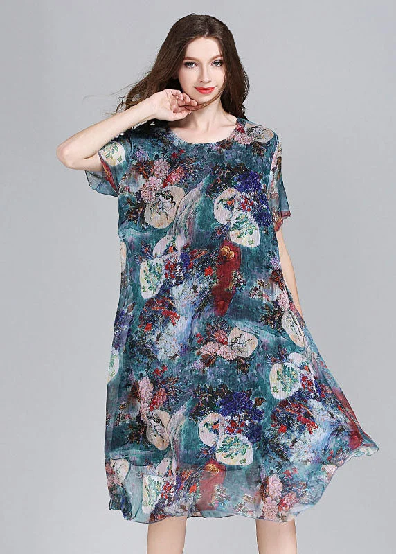 oversized dressBoutique Blue Asymmetrical Print Patchwork Chiffon Mid Dress Summer