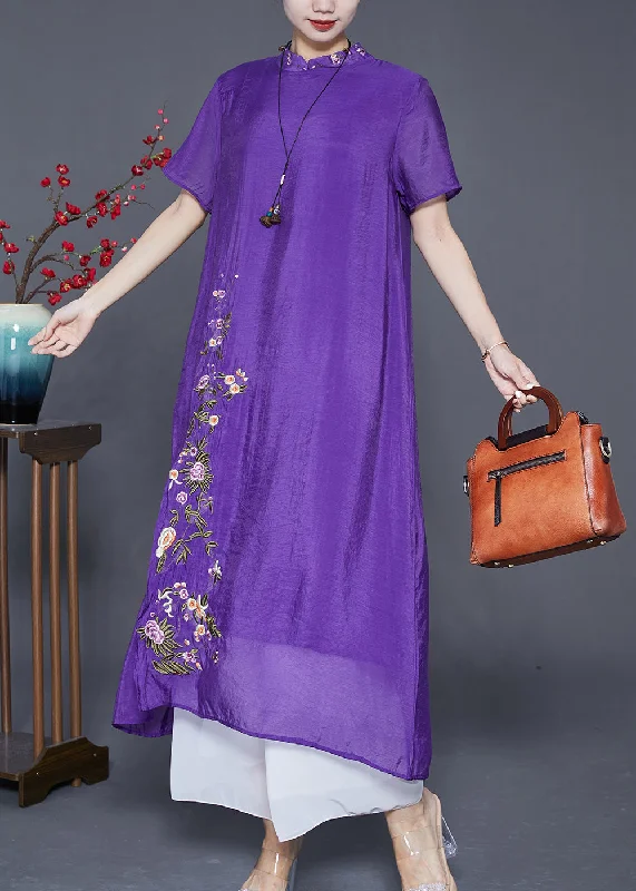 sleek midi dressFine Purple Embroideried Side Open Linen Silk Dresses Summer