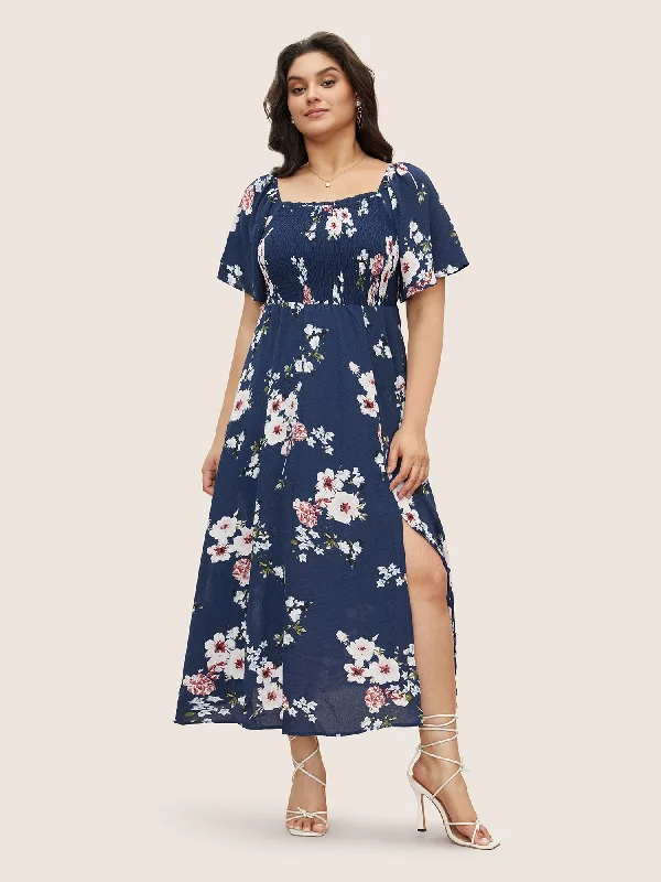 off-shoulder dressFloral Square Neck Ruffles Pocket Shirred Split Dress