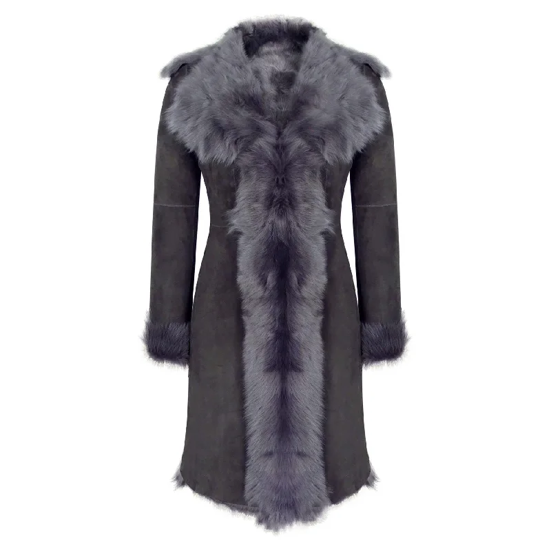 lightweight outerwearGrey 3/4 Length Ladies Suede Real Luxury Toscana Sheepskin Coat Tailored Fit