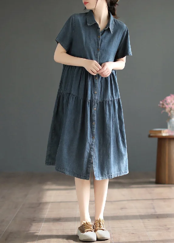 elegant evening dressRetro Blue Patchwork Solid Silk Vacation Denim Long Shirt Dresses Summer