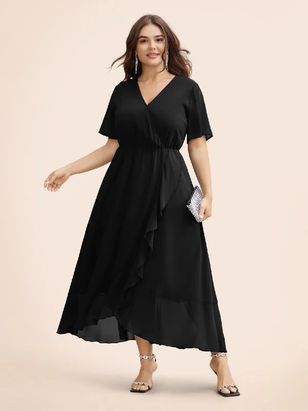 casual slip dressChiffon Overlap Collar Ruffle Sleeve Dress