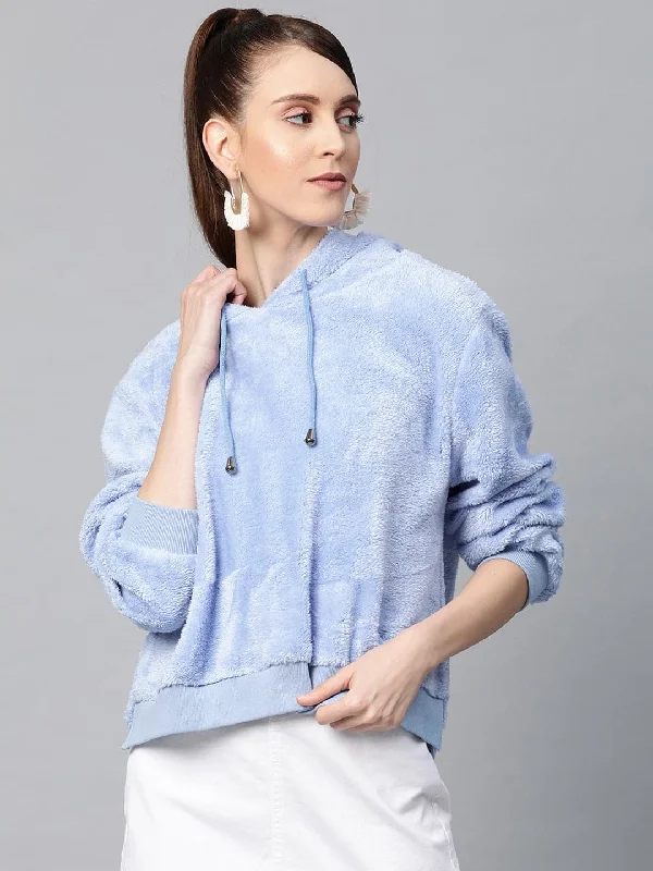 high-performance athletic hoodieBlue Hooded Faux Fur Sweatshirt