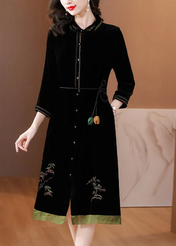 fitted cocktail dressVogue Black Peter Pan Collar Embroidered Tie Waist Silk Velour Vacation Dresses Fall