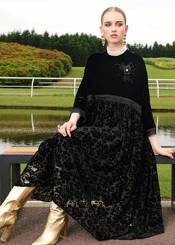 stylish dressItalian Black Floral Embroidered Patchwork Silk Velour Dress Long Sleeve