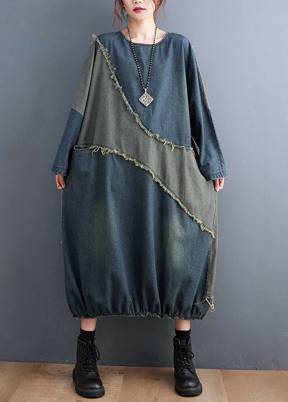 wool dressCasual O-Neck Drawstring Patchwork Denim Maxi Dresses Fall