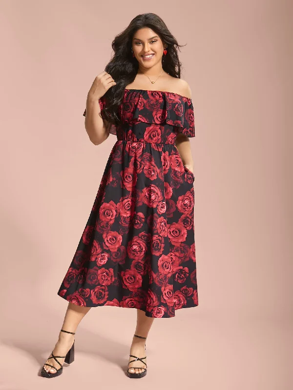 party dressOff-Shoulder Rose Pattern Ruffled Dress