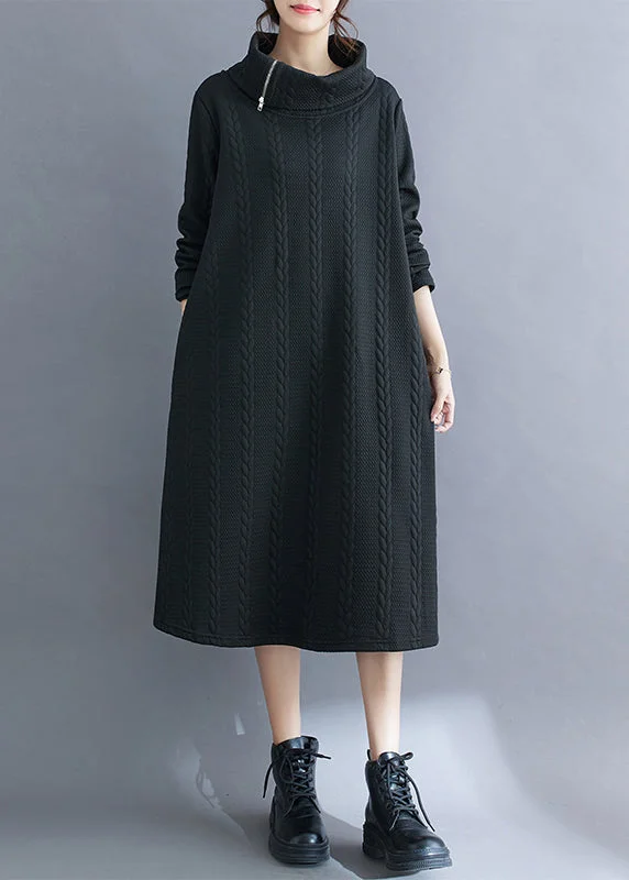 tiered dressWomen Black Asymmetrical Turtleneck Cotton Long Dress Fall