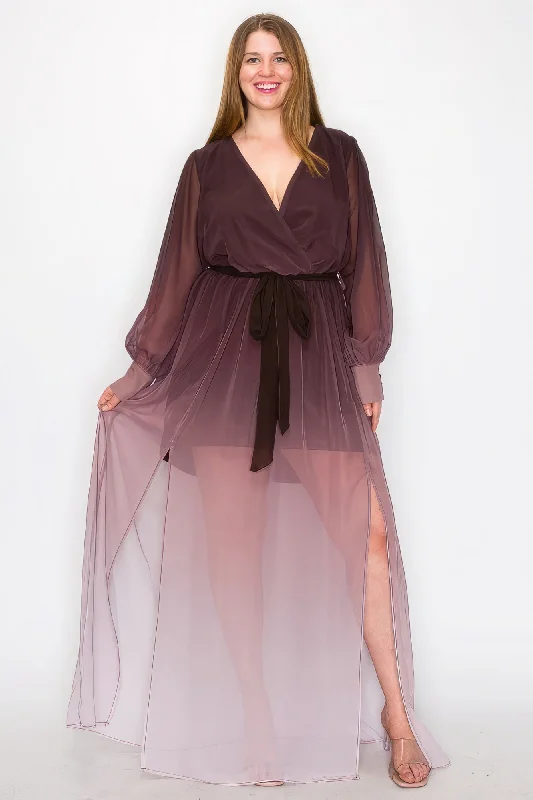 oversized dressOmbre Chiffon Wrap Front Long Sleeve Tie Waist Slit Front Maxi Dress