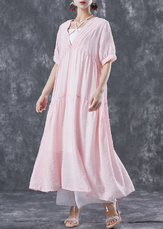 flowy evening dressFrench Pink V Neck Patchwork Exra Large Hem Cotton Holiday Dress Summer