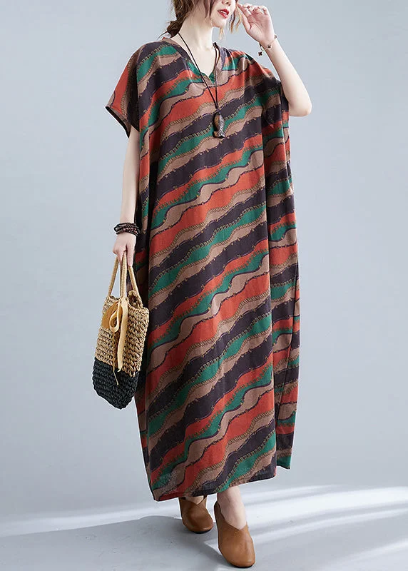 summer dressRetro Red V Neck Striped Print Cotton Maxi Dresses Short Sleeve