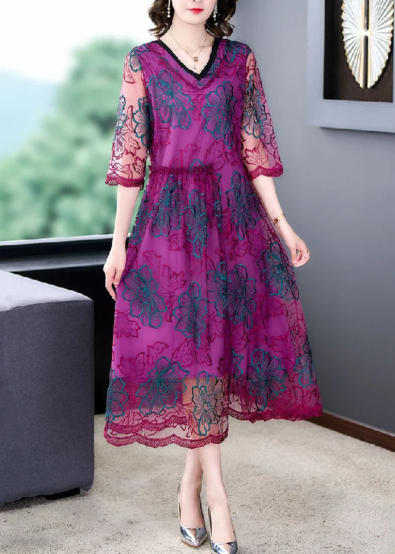 off-the-shoulder dressFashion Rose V Neck Embroideried Patchwork Silk Dresses Summer