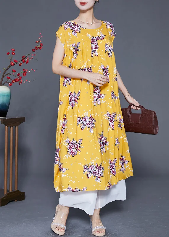 office dressBeautiful Yellow Oversized Print Cotton Party Dress Summer