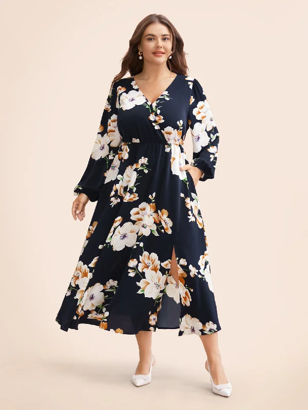 wool dressBloom Dress - Floral Lantern Sleeve Pocket Split Surplice Neck Flutter Maxi Dress