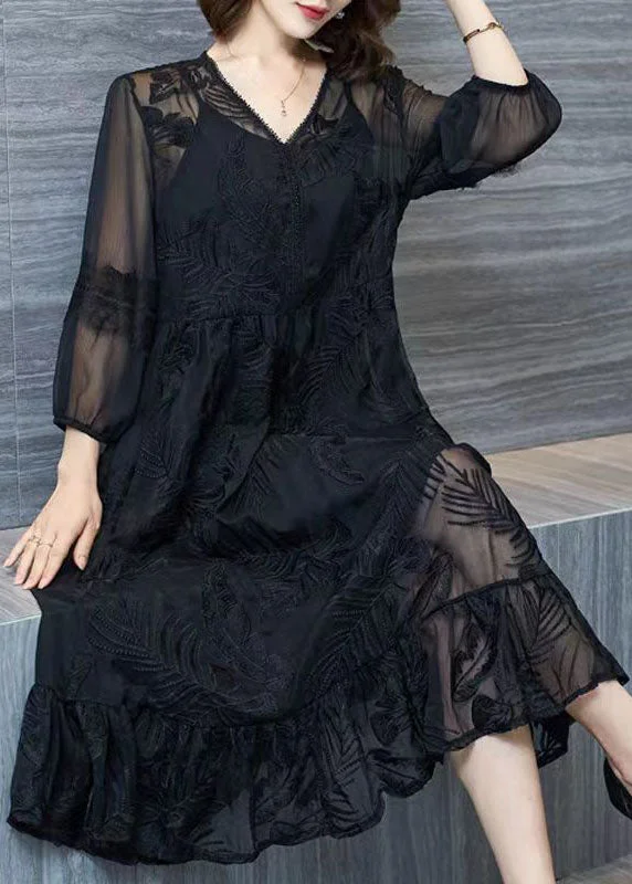 trendy wrap dressOrganic Black V Neck Embroideried Patchwork Tulle Dresses Summer