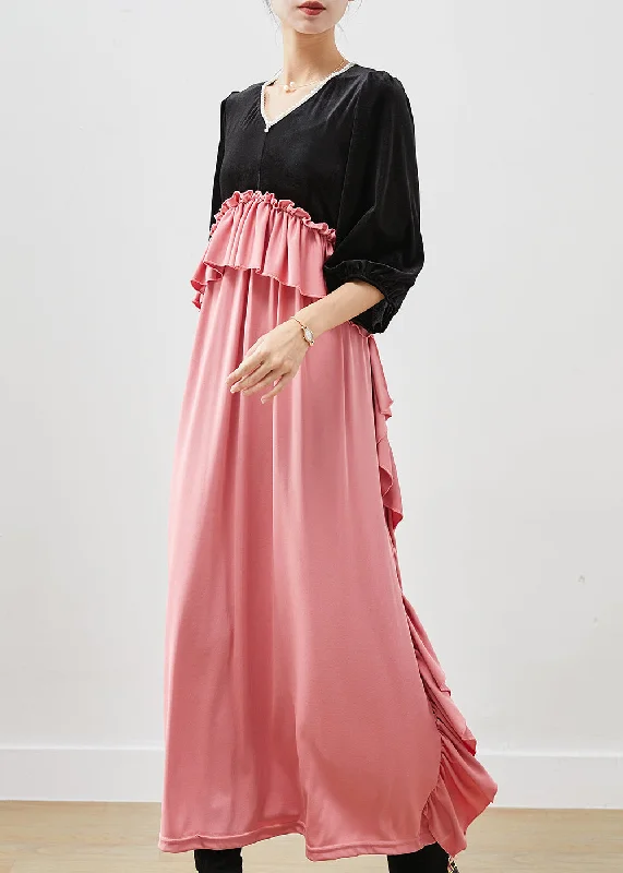 fitted dressChic Colorblock Ruffled Patchwork Silk Velour Long Dress Fall