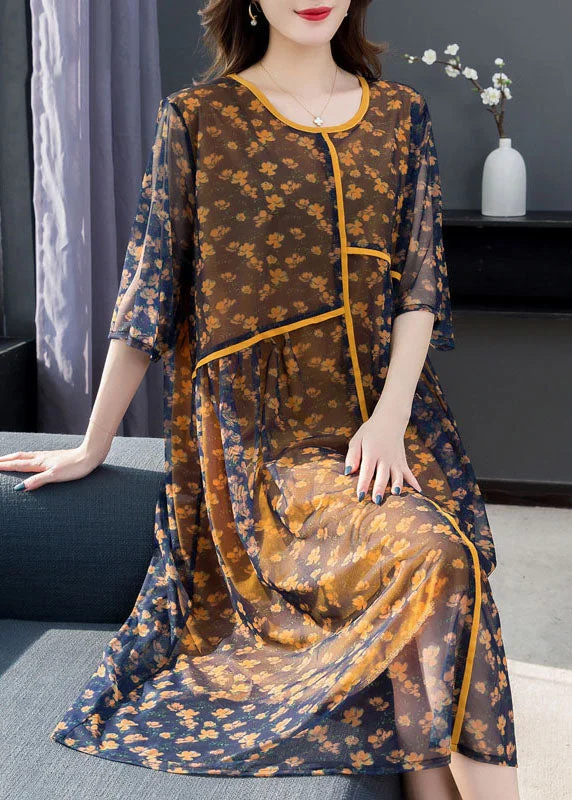 trendy bodycon dressHandmade Yellow Print Wrinkled Patchwork Chiffon Dress Short Sleeve