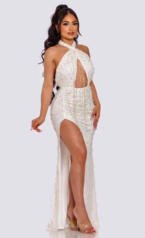 elegant shift dressWhite Fishnet Pearl Studded Crossover Neck Maxi Dress