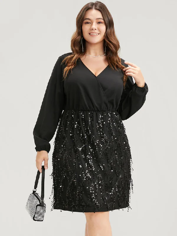 sleek midi dressSolid Patchwork Wrap Sequin Tassel Detail Dress