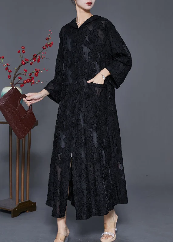 party-ready dressCasual Black Hooded Jacquard Lace Robe Dresses Spring