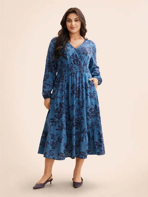 puff sleeve dressFloral Wrap Lantern Sleeve Pocket Shirred Ruffle Hem Dress