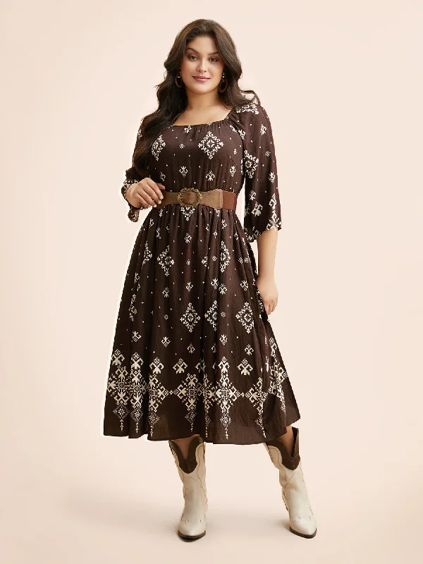 evening dressBoho Print Square Neck Shirred Dress