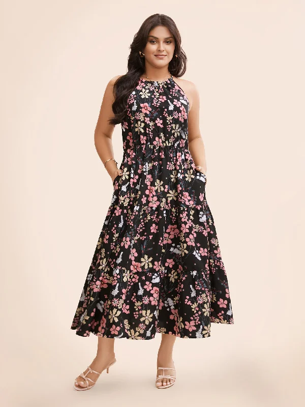 pleated dressFloral Halter Neck Ruffle Hem Dress