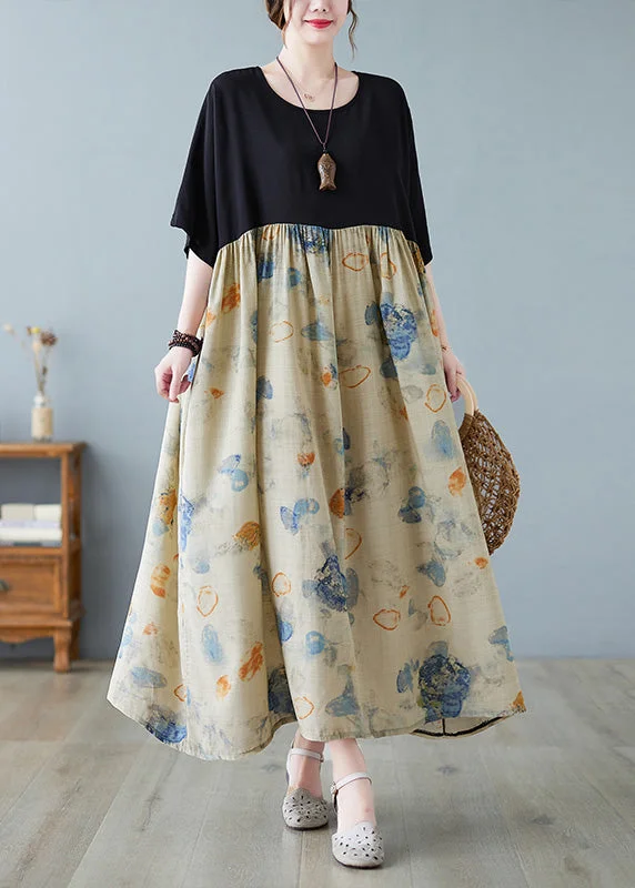 v-neck dressChic Black Print Patchwork Long Dresses Short Sleeve