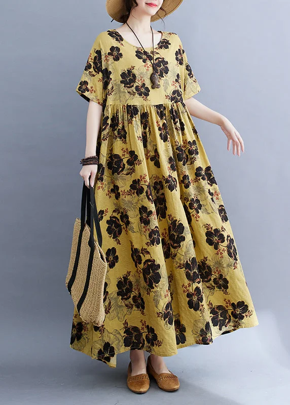 wool dressFine Yellow Print Patchwork Wrinkled Long Dresses Summer