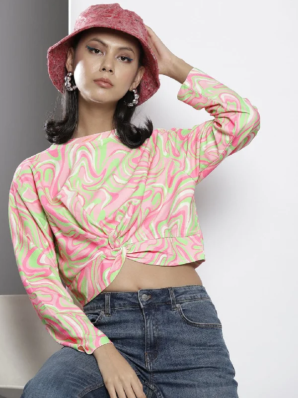 eco-friendly sports hoodieWomen Pink & Green Waves Print Knot Crop Sweatshirt