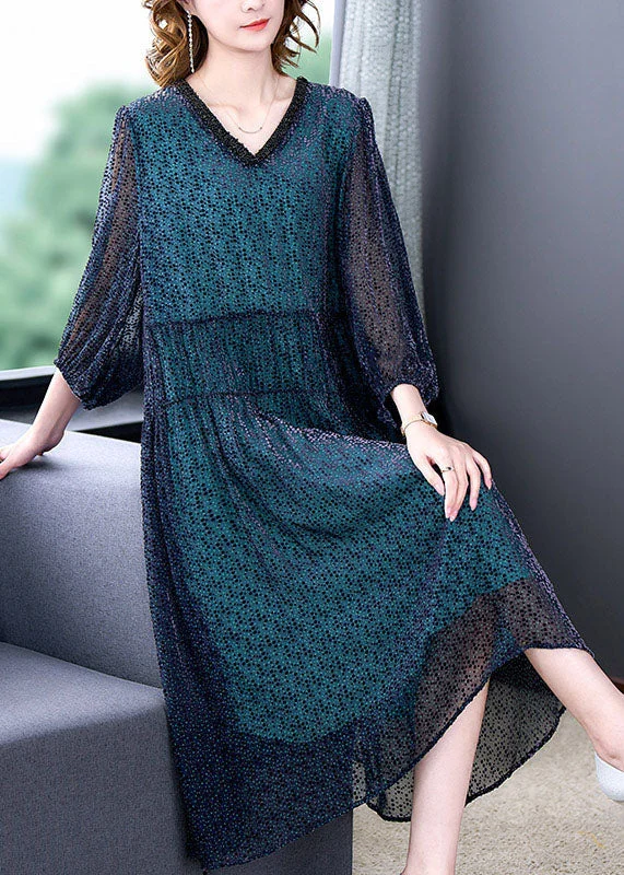 sophisticated dressElegant Blue V Neck Wrinkled Patchwork Silk Dress Long sleeve