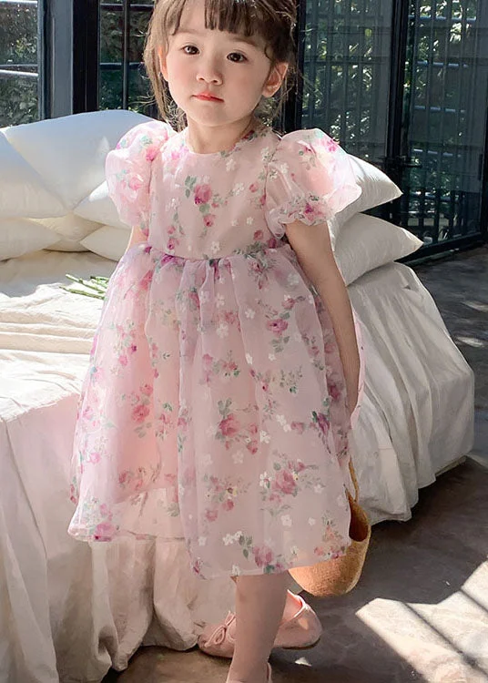 comfy dressFashion Pink O Neck Print Wrinkled Patchwork Tulle Kids Girls Dresses Summer