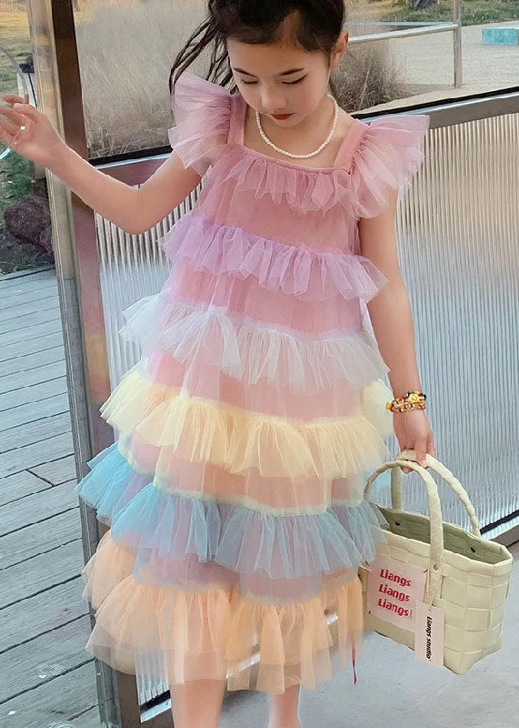 elegant dressUnique Pink Ruffled Layered Patchwork Tulle Baby Girls Dress Sleeveless