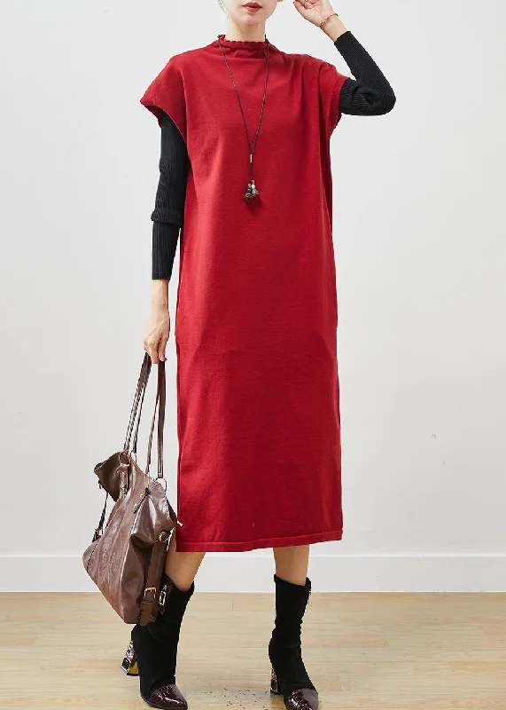 silk dressFrench Red Turtle Neck Oversized Cotton Long Dresses Short Sleeve