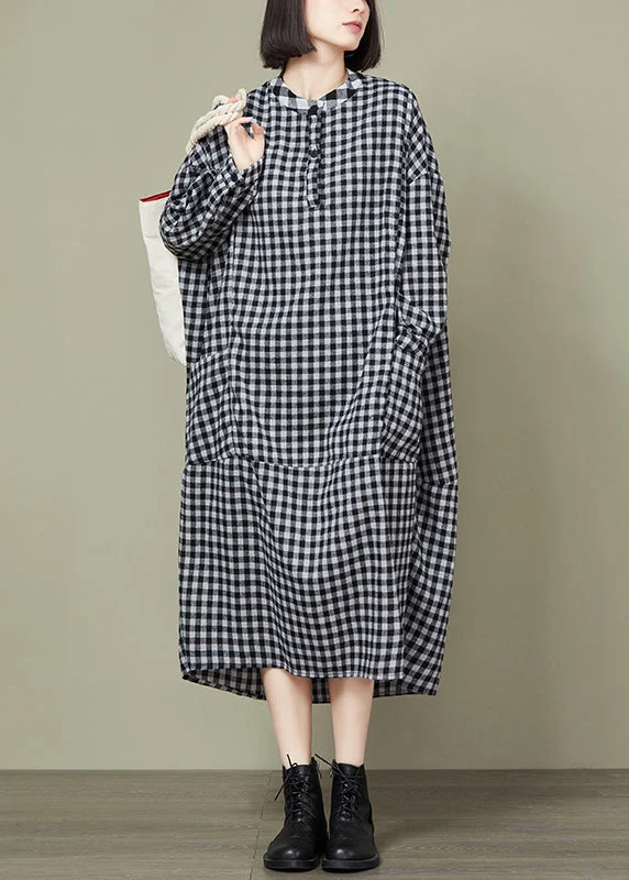 boho-chic dressSmall Plaid Button Loose Cotton Long Dress O Neck Long Sleeve