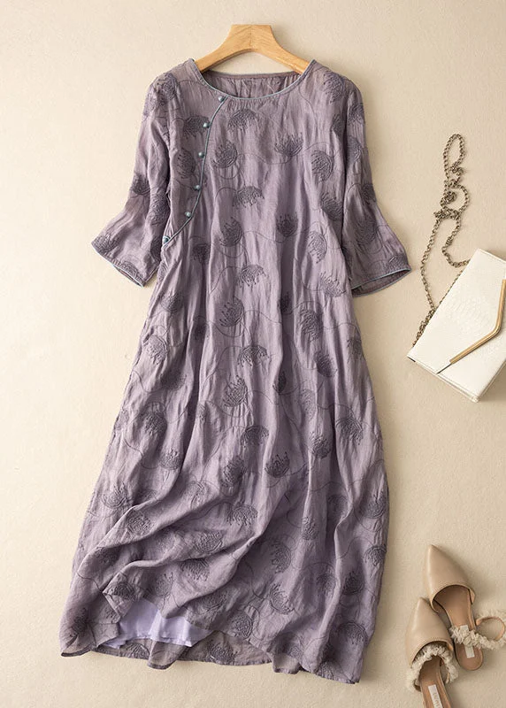 velvet dressVintage Purple O-Neck Embroideried Patchwork Linen Dress Summer