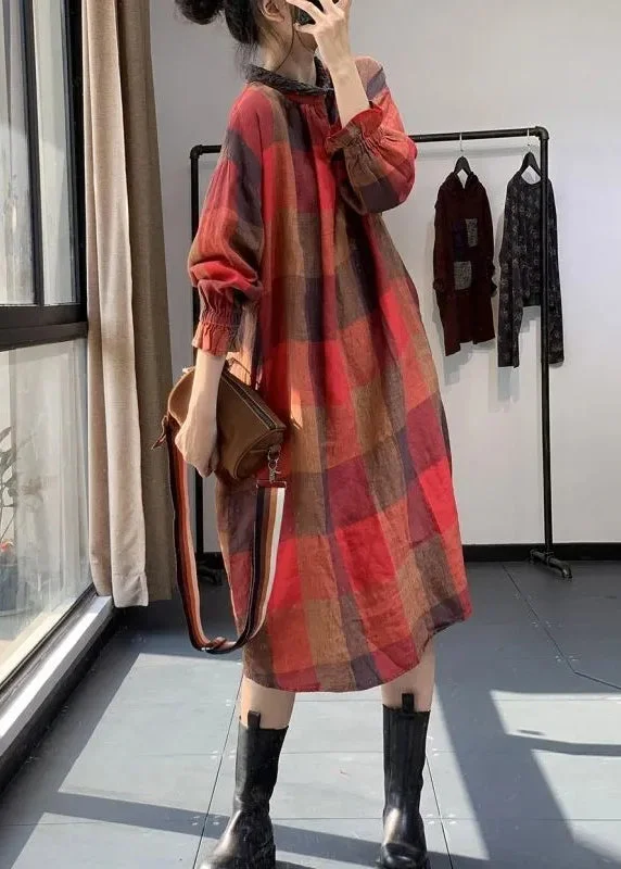 classic fit-and-flare dressWomen Red Plaid Patchwork Plus Size Cotton Dresses Fall