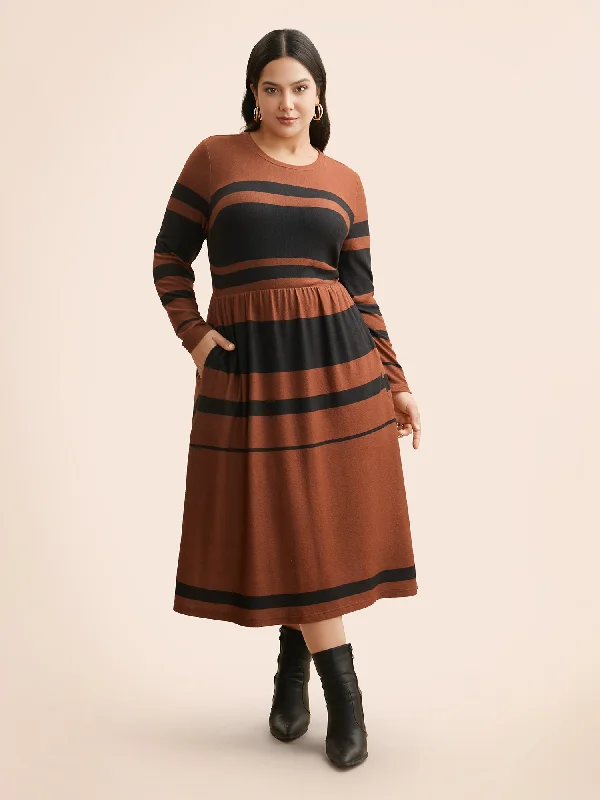 midi dressCrew Neck Striped Patchwork Elastic Waist Dress