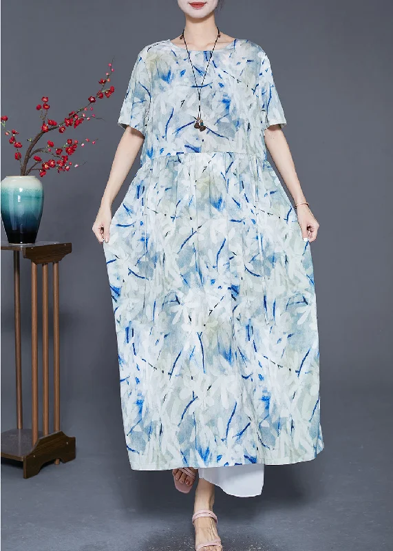 party dressFrench Light Blue Oversized Print Linen Beach Dress Summer