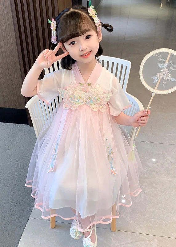 casual slip dressCute Pink Embroideried Wrinkled Patchwork Tulle Baby Girls Dress Summer