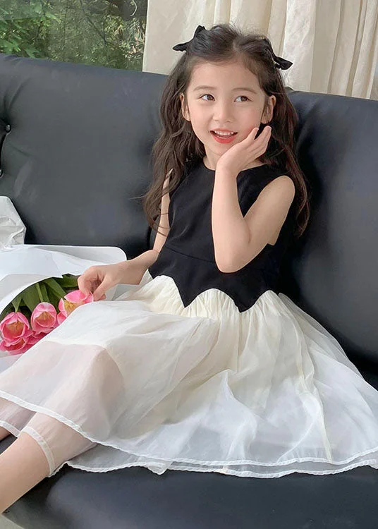 fitted bodycon dressFine Black O Neck Wrinkled Patchwork Tulle Kids Girls Dress Sleeveless